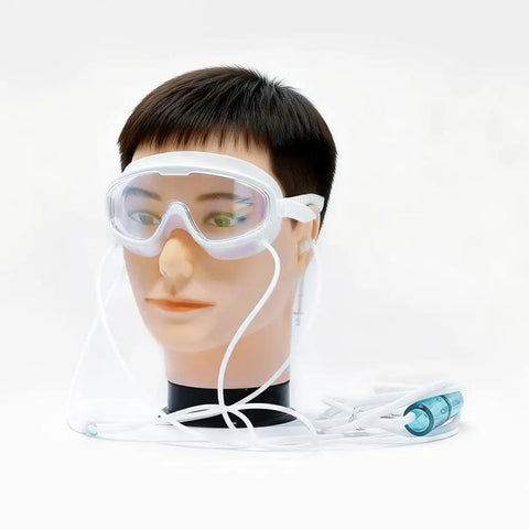 Mannequin wearing 2-In-1 Hydrogen Inhalation And Eye Care Mask, white dual-function chill out goggles for wellness routine.