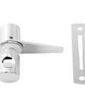 Heavy Duty Glass Door Latch For Bathroom And Shower Featuring A Dead Simple Drill In Install That Delivers Rock Solid 304 Stainless Steel Build Quality And Slick Friction Free Locking Action For Your Home Or Office, silver latching mechanism and plate.