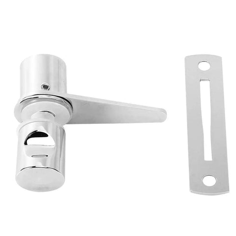 Heavy Duty Glass Door Latch For Bathroom And Shower Featuring A Dead Simple Drill In Install That Delivers Rock Solid 304 Stainless Steel Build Quality And Slick Friction Free Locking Action For Your Home Or Office, silver latching mechanism and plate.