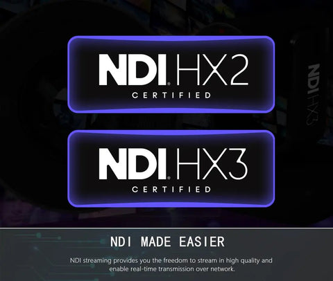 NDI HX2 and HX3 certified logos for AI Auto Tracking 6 Camera PTZ Live Streaming System With 20x Optical Zoom, NDI HX3 HX2 Ready