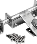 Heavy Duty Stainless Steel Sliding Bolt Door Latch With Zero Drama Install And Rock Solid Body Featuring Smooth Automatic Return Action Left Or Right Mount For Barn Doors Cabinets Silver 170Mm Size, showing the latch with screws.