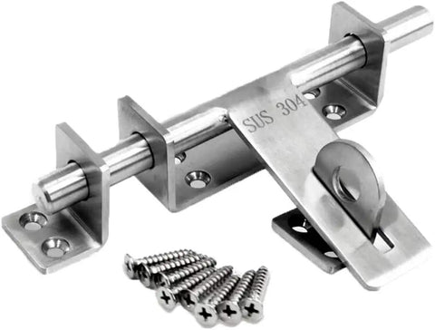 Heavy Duty Stainless Steel Sliding Bolt Door Latch With Zero Drama Install And Rock Solid Body Featuring Smooth Automatic Return Action Left Or Right Mount For Barn Doors Cabinets Silver 170Mm Size, showing the latch with screws.