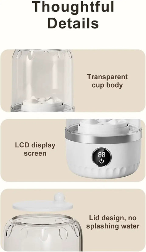 Portable Mini Washer Ultra Compact Wash Tub For Underwear And Socks showing transparent cup body and LCD display features.