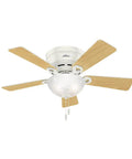 Indoor Low Profile Ceiling Fan With LED Light And Pull Chain Control 42 Inch Fresh White with wooden blades in bright room