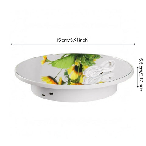 Premium Mirror White Electric Rotating Display Stand Turntable with sunflowers, 15 cm diameter for 360 product shots.
