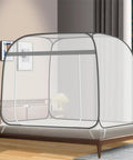 King Size Mosquito Net For Patio Bed Tent Portable Indoor Outdoor Use Durable Polyester Mesh For Camping Travel Dorm Rooms And Backyard Relaxation 87 By 79 Inch Grey installed on a bed