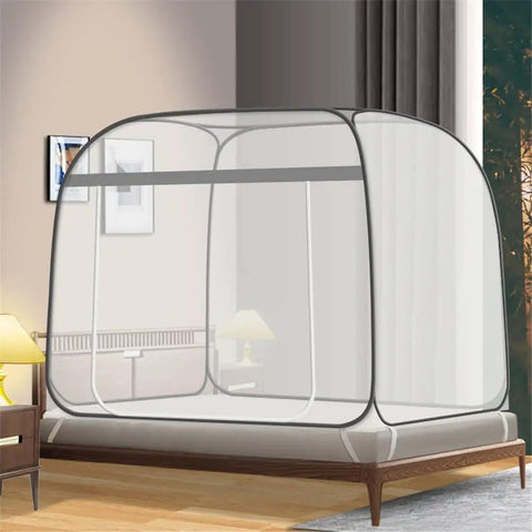 King Size Mosquito Net For Patio Bed Tent Portable Indoor Outdoor Use Durable Polyester Mesh For Camping Travel Dorm Rooms And Backyard Relaxation 87 By 79 Inch Grey installed on a bed