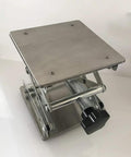 Stainless steel lab jack scissor stand with 8x8 in square top plate, adjustable height, 50 kg capacity.