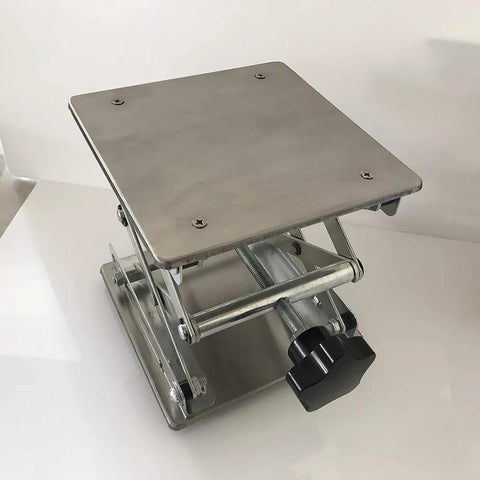 Stainless steel lab jack scissor stand with 8x8 in square top plate, adjustable height, 50 kg capacity.