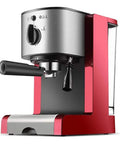 Italian Automatic Espresso Machine For Home Use With 15 Bar Pressure Dual Cup Steam System Milk Frother Barista Grade Precise Temp Control 1350W Power Durable PP Material Easy One Touch Cappuccino And Espresso Shots, red and silver side view