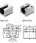 Open Linear Bearing Block SBR16UU 16mm aluminum with schematics, showing open design and ball bearing slide for CNC projects.