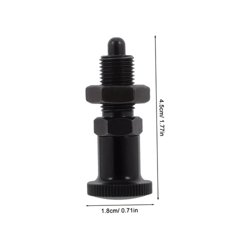 Heavy Duty Carbon Steel Reset Type Indexing Plunger For Industrial Machinery And Toolboxes, 4.5 cm tall and 1.8 cm wide, black finish.