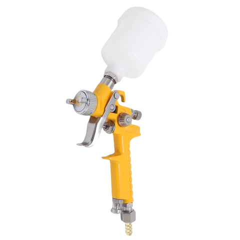 Rock Solid And Compact 125Ml Mini Spray Gun With Easy Turn Triple Knobs for Hella Smooth Paint Jobs on Cars Furniture and Walls Featuring a Precise 1Mm Nozzle Tip in yellow with clear cup.