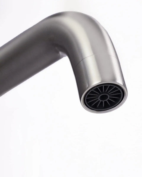 Close-up of spout in Wall Mounted Tub Filler Faucet With Two Handles, Brushed Nickel Finish, Extra Long 13 Inch Spout, Brass Rough In Valve