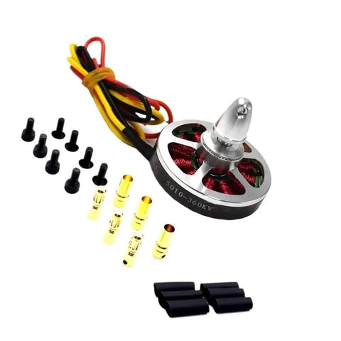 Close-up of 360KV brushless motor and accessories from Beefed-Up 360KV And 750KV Brushless Motors Pack With 4-Piece 30A Opto ESCs.