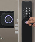 Smart Electronic Fingerprint Door Lock Sporting A Heavy Duty Stainless Steel Latch And App Driven Keyless Entry For Wooden Gates close-up of biometric scanner and keypad.