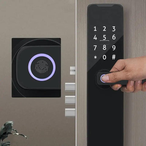 Smart Electronic Fingerprint Door Lock Sporting A Heavy Duty Stainless Steel Latch And App Driven Keyless Entry For Wooden Gates close-up of biometric scanner and keypad.