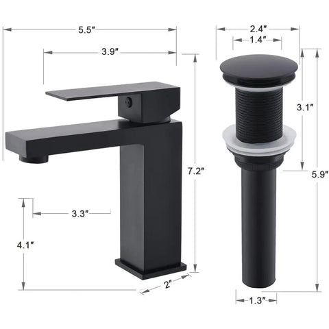 Matte Black Vessel Sink With Faucet And Drain Combo For Bathroom, faucet and pop-up drain dimensions, modern design