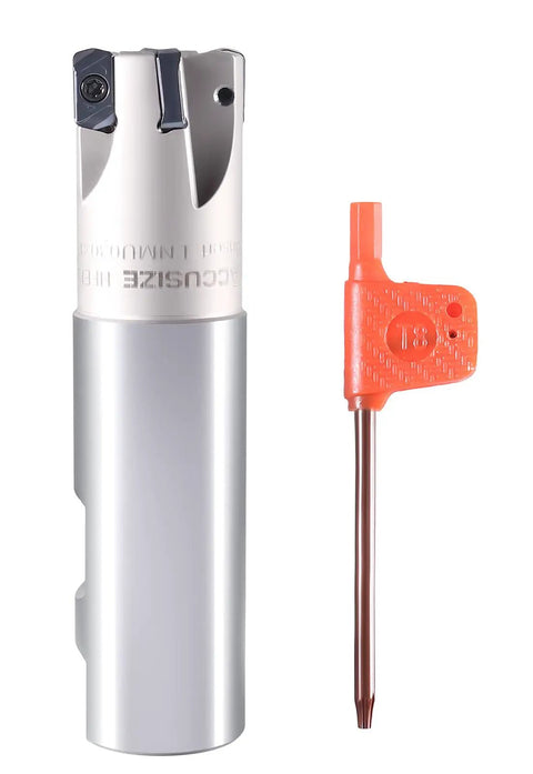 1 Inch High Feed Indexable End Mill With 1 Inch Shank Four Flutes For Fast Cutting Carbide TiAlN Coated Tool Accepts LNMU030312RJM Inserts With Four Edges HFEM0001 and adjustment tool