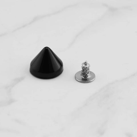 Hella Secure 6mm Black Replacement Studs And Screws For Dope Diy Shoe Decor Craft Leather Projects Kicks Up Fresh Style With Simple Screw On Assembly That Is Built To Last, featuring a black pyramid stud and silver screw.