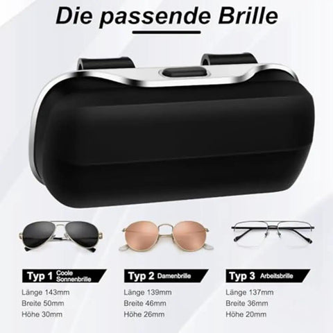 Premium Abs Sunglasses Holder For Tesla Cybertruck Sun Visor showing various eyewear types and dimensions on display.