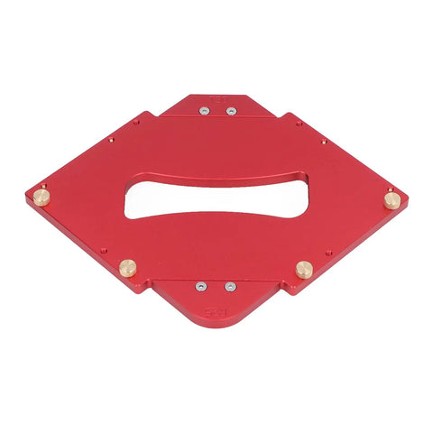 Pro Grade Router Table Corner Jig And Radius Template Kit For Hustling Carpenters showing heavy duty aluminum base with anodized red finish.