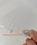 Built Tough Acrylic Cribbage Template And 1/4 Inch Thick Router Guide Kit For Building Slick Game Boards With Crisp Drill Marks And Tight Three Track Routing Project, close-up of 8mm thick acrylic with hole layout.