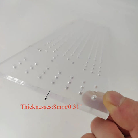 Built Tough Acrylic Cribbage Template And 1/4 Inch Thick Router Guide Kit For Building Slick Game Boards With Crisp Drill Marks And Tight Three Track Routing Project, close-up of 8mm thick acrylic with hole layout.