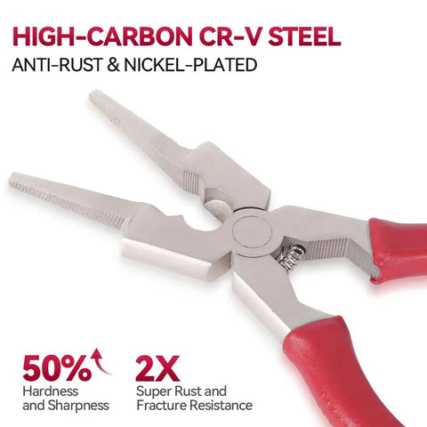 Close-up of Pro 8 Inch MIG Welding Pliers with Long Nose, Rust-Resistant, Anti-Slip Grip, Induction-Hardened Cutting Edge.