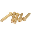 Top Shelf Solid Brass Slotted Cheese Head Machine Screws showing five screws, M2 to M8 sizes, perfect for garage builds.