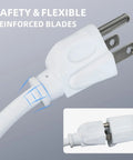 Close-up of 100 Ft Outdoor Extension Cord 16/3 SJTW White Electrical Cable with three prong grounded plug and reinforced blades.