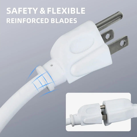 Close-up of 100 Ft Outdoor Extension Cord 16/3 SJTW White Electrical Cable with three prong grounded plug and reinforced blades.