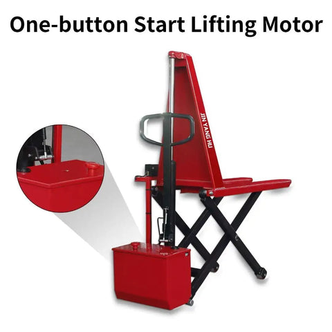 Heavy Duty Electric Scissor Pallet Jack 3300lb Capacity Walkie Truck With 45x27 Forks Auto Induction Lift For Warehouses And Workshops with one-button start motor.