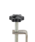 Close-up of black knob and threaded rod of V Slot Bench Pin Clamp For Jewelry Making And Craft Projects Heavy Duty Stable Workbench Attachment