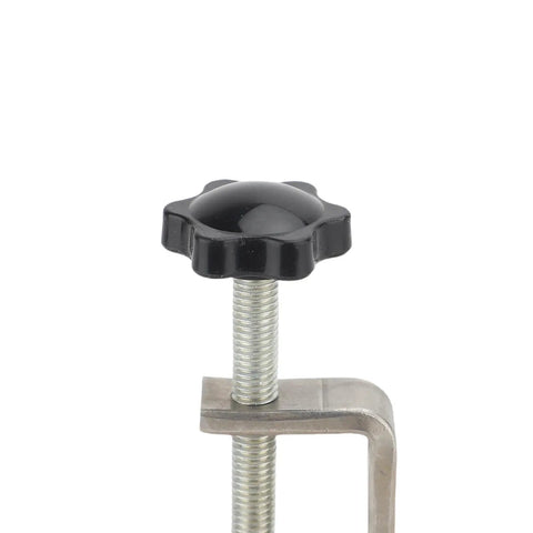 Close-up of black knob and threaded rod of V Slot Bench Pin Clamp For Jewelry Making And Craft Projects Heavy Duty Stable Workbench Attachment