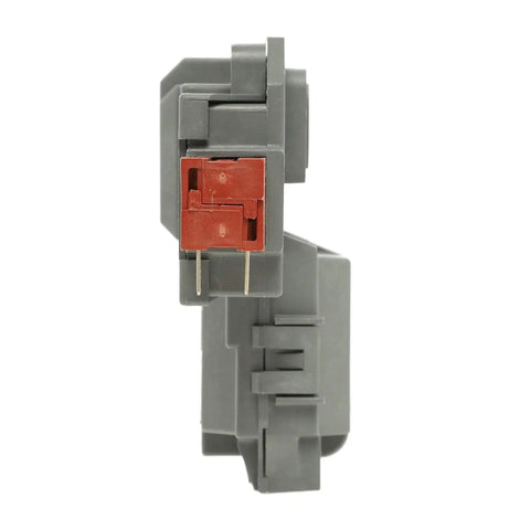 Side view of Washer Door Lock Assembly OEM Replacement Part 131763256 Replaces 131763255 for front load washers, gray and red components