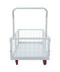 Front view of Beefy 2200 Lbs 4 In 1 Platform Truck Cart Convertible Flatbed And Caged Trolley For Warehouse And Job Site Use Heavy Duty Steel Construction High Capacity Moving Cart, white steel cage