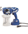 Professional Corded Airless Paint Sprayer With Triax Triple Piston Pump And Smart Control Dial, handheld design with container.