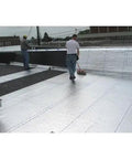 Two workers applying Heavy Duty Self Stick Roll Roofing Gray Waterproof Peel and Seal Tape for RV Trailer Homes on a low slope roof.