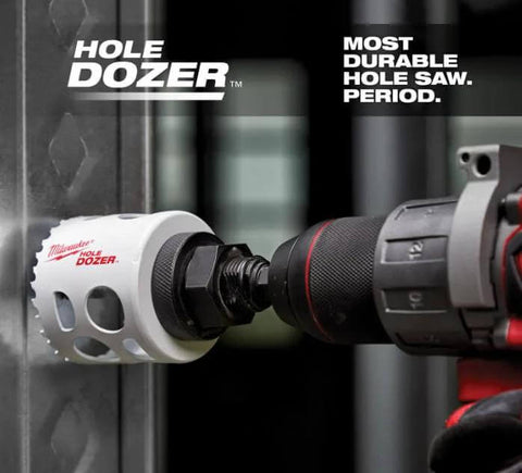 Milwaukee Hole Dozer bi-metal hole saw, 3-3/4 in, mounted on drill