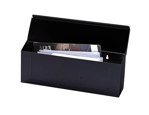 Townhouse Wall Mount Mailbox in Black, Small Capacity Galvanized Steel Build with lid open, showing interior space for letters