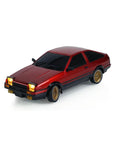 One Eighteen Scale RC Drift Car With Gyro Stabilization In Vintage Red, Wireless Remote Control, side view of model with lights on