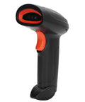 Handheld Barcode Scanner 4G Portable High Speed Reader, black and orange, angled view, lightweight for retail use.