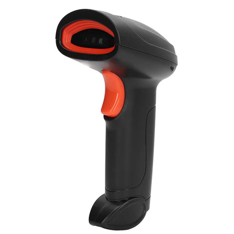 Handheld Barcode Scanner 4G Portable High Speed Reader, black and orange, angled view, lightweight for retail use.