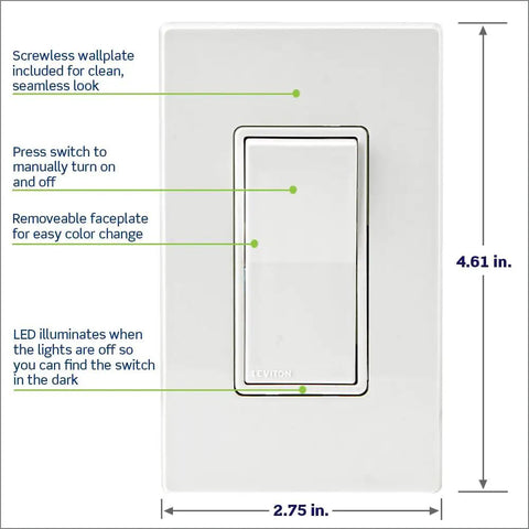 Decora Smart Switch Wi Fi 2nd Gen With Matter, Neutral Wire Required, dimensions 4.61 x 2.75 inches, white D215S1RW
