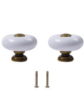 Slick Round Ceramic Cabinet Knobs With Antique Brass Base, 1.5 Inch, 2 Pack, Chip Resistant White Glaze, For Dressers And Closets.