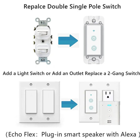 Smart WiFi Double Light Switch 2 In 1 Single Pole Remote Control Timed Function Works With Alexa Google Assistant IFTTT No Hub Required 1 Pack Great For Controlling Lights And Fans showing installation comparison
