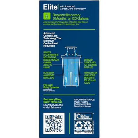 Front view of Brita Elite water filter replacement box for pitchers and dispensers, blue packaging.