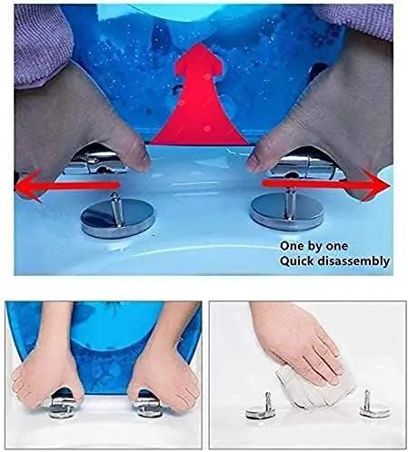 Hands demonstrating quick release hinges of Soft Close Toilet Seat With Quick Release Lid And Ergonomic Design for easy removal.