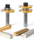 Tongue and Groove Router Bit Set with 1/2 Inch Shank T-Shape 3 Teeth shown with wood samples